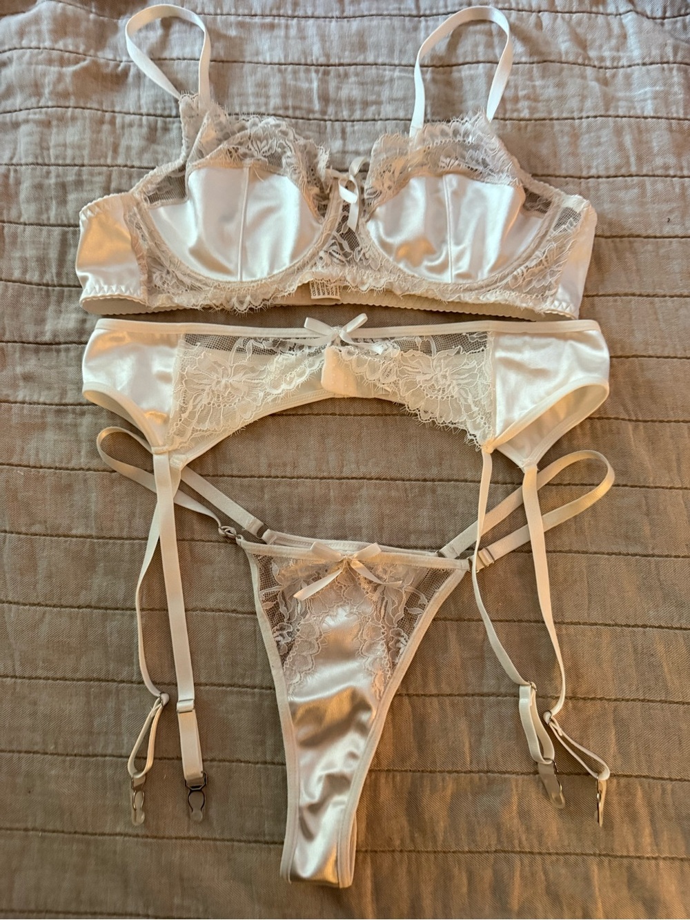 Silk Satin Lace Bralette & Garter Lingerie Set in Ivory